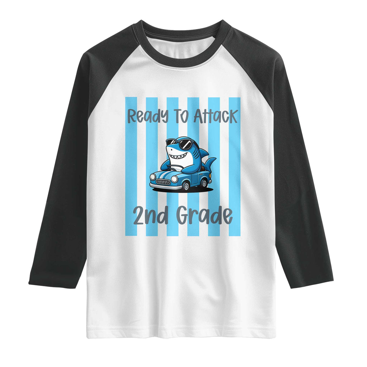 Ready To Attack 2nd Grade Raglan Shirt Funny Shark Driving Car Back To School TS12 White Black Print Your Wear