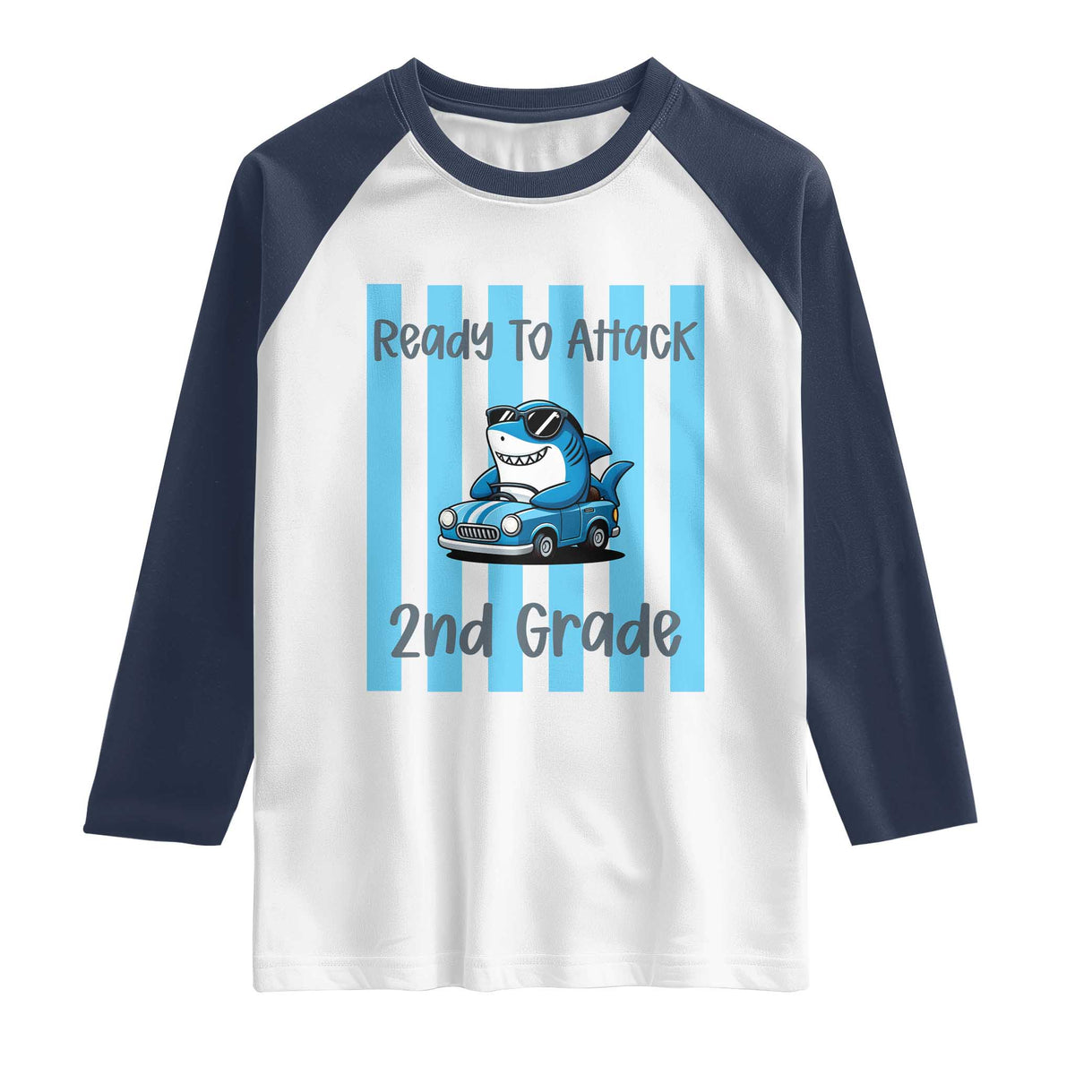 Ready To Attack 2nd Grade Raglan Shirt Funny Shark Driving Car Back To School TS12 White Navy Print Your Wear