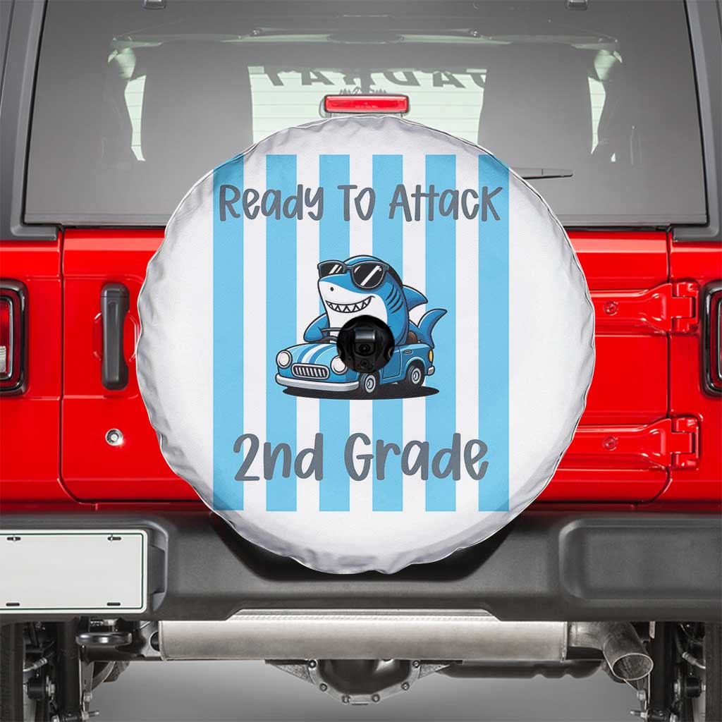 Ready To Attack 2nd Grade Spare Tire Cover Funny Shark Driving Car Back To School TS12 White Print Your Wear
