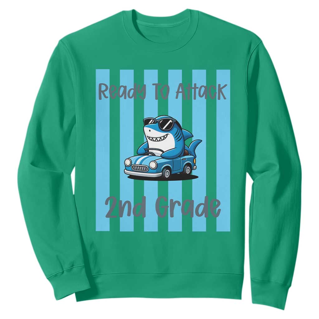 Ready To Attack 2nd Grade Sweatshirt Funny Shark Driving Car Back To School TS12 Irish Green Print Your Wear