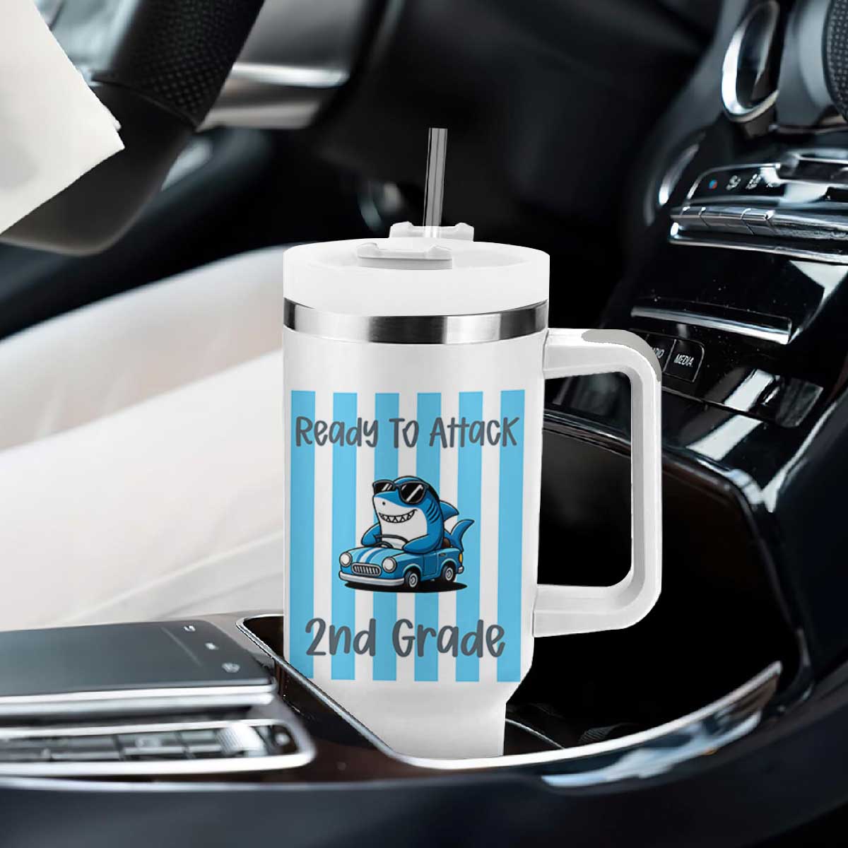 Ready To Attack 2nd Grade Tumbler With Handle Funny Shark Driving Car Back To School TS12 Print Your Wear