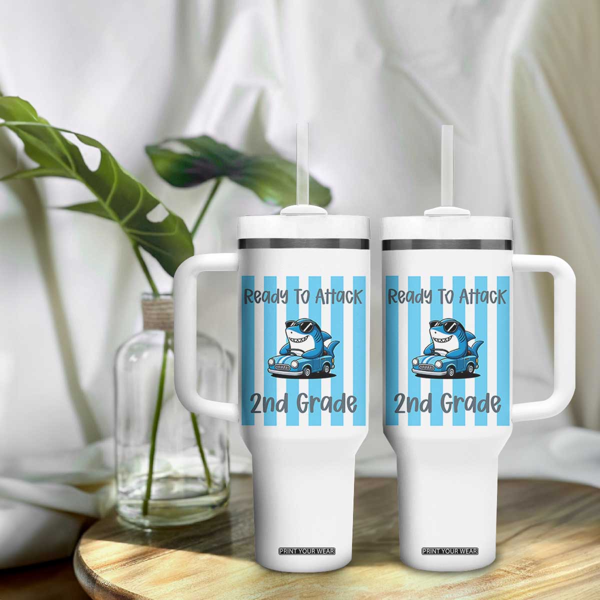 Ready To Attack 2nd Grade Tumbler With Handle Funny Shark Driving Car Back To School TS12 Print Your Wear