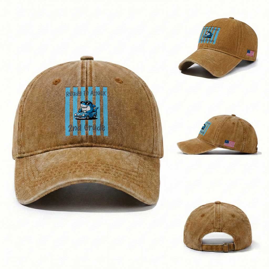 Ready To Attack 2nd Grade Washed Cotton Baseball Cap Funny Shark Driving Car Back To School TS12 Washed Cap Universal Fit Yellow Ochre Print Your Wear