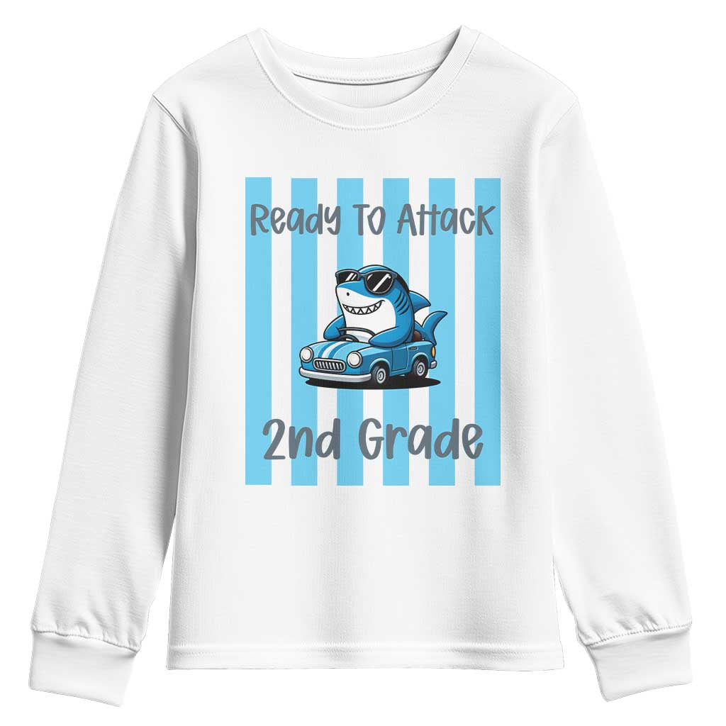Ready To Attack 2nd Grade Youth Sweatshirt Funny Shark Driving Car Back To School TS12 White Print Your Wear