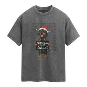 Christmas Dachshund Washed Cotton T-Shirt Funny Christmas Tree Killer