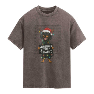 Christmas Dachshund Washed Cotton T-Shirt Funny Christmas Tree Killer