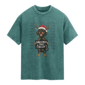 Christmas Dachshund Washed Cotton T-Shirt Funny Christmas Tree Killer