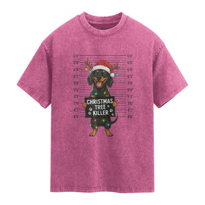 Christmas Dachshund Washed Cotton T-Shirt Funny Christmas Tree Killer