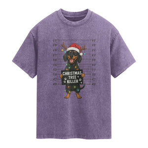 Christmas Dachshund Washed Cotton T-Shirt Funny Christmas Tree Killer