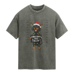 Christmas Dachshund Washed Cotton T-Shirt Funny Christmas Tree Killer
