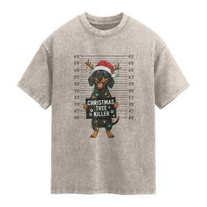 Christmas Dachshund Washed Cotton T-Shirt Funny Christmas Tree Killer