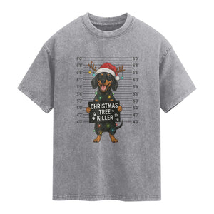 Christmas Dachshund Washed Cotton T-Shirt Funny Christmas Tree Killer