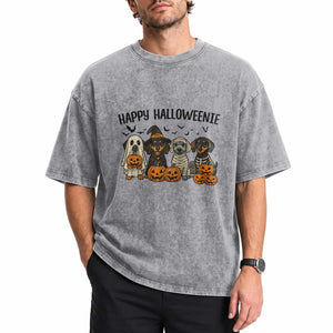 Funny Halloween Dachshund Washed Cotton T-Shirt Happy Halloweenie