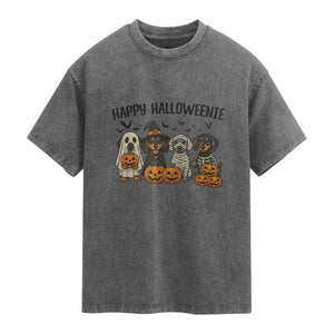 Funny Halloween Dachshund Washed Cotton T-Shirt Happy Halloweenie