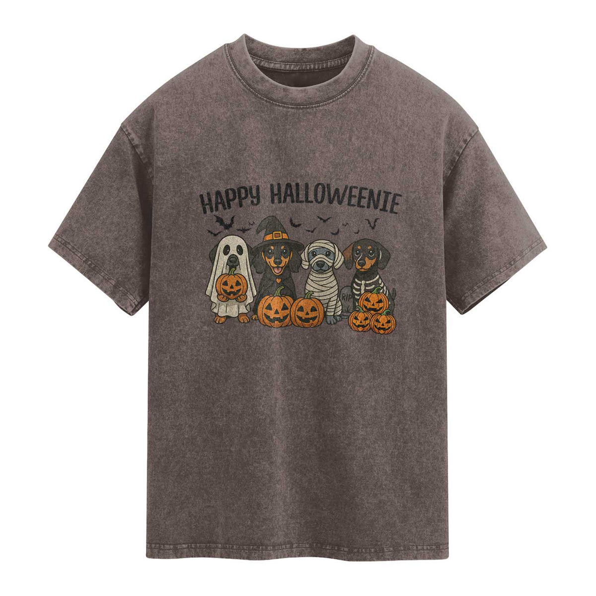 Funny Halloween Dachshund Washed Cotton T-Shirt Happy Halloweenie