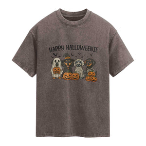 Funny Halloween Dachshund Washed Cotton T-Shirt Happy Halloweenie