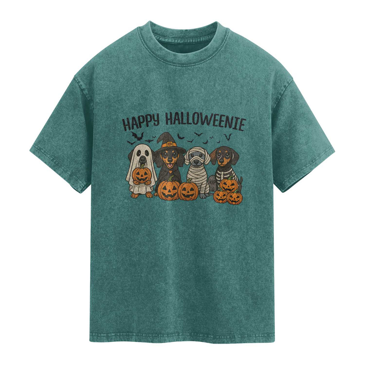 Funny Halloween Dachshund Washed Cotton T-Shirt Happy Halloweenie