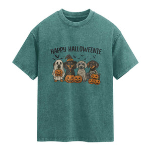 Funny Halloween Dachshund Washed Cotton T-Shirt Happy Halloweenie