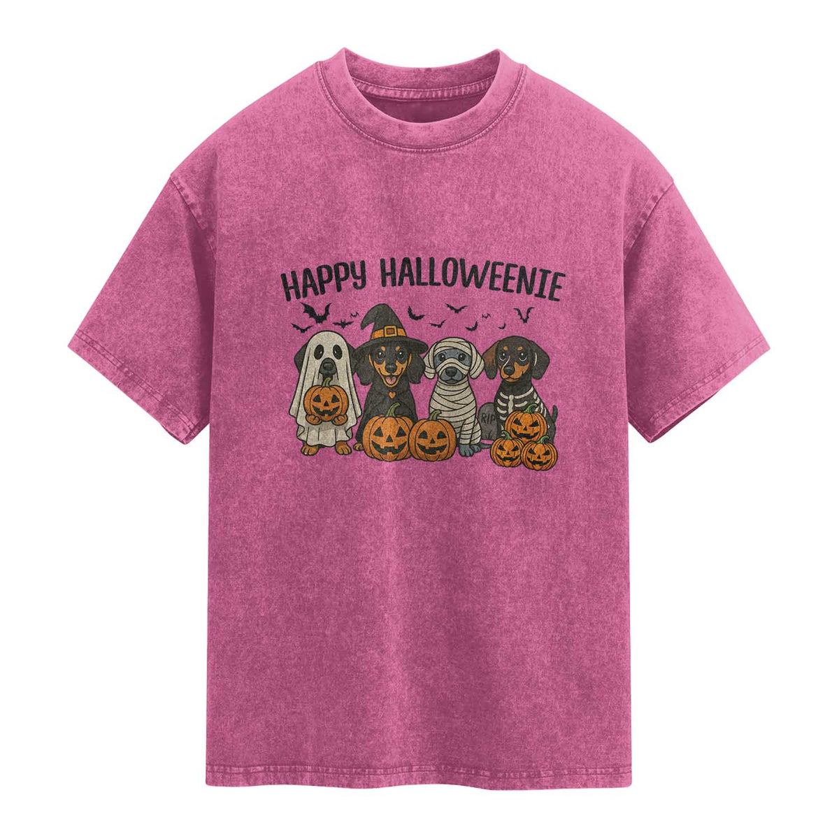 Funny Halloween Dachshund Washed Cotton T-Shirt Happy Halloweenie