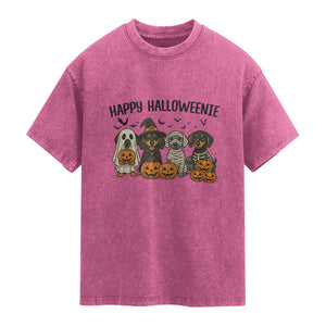 Funny Halloween Dachshund Washed Cotton T-Shirt Happy Halloweenie