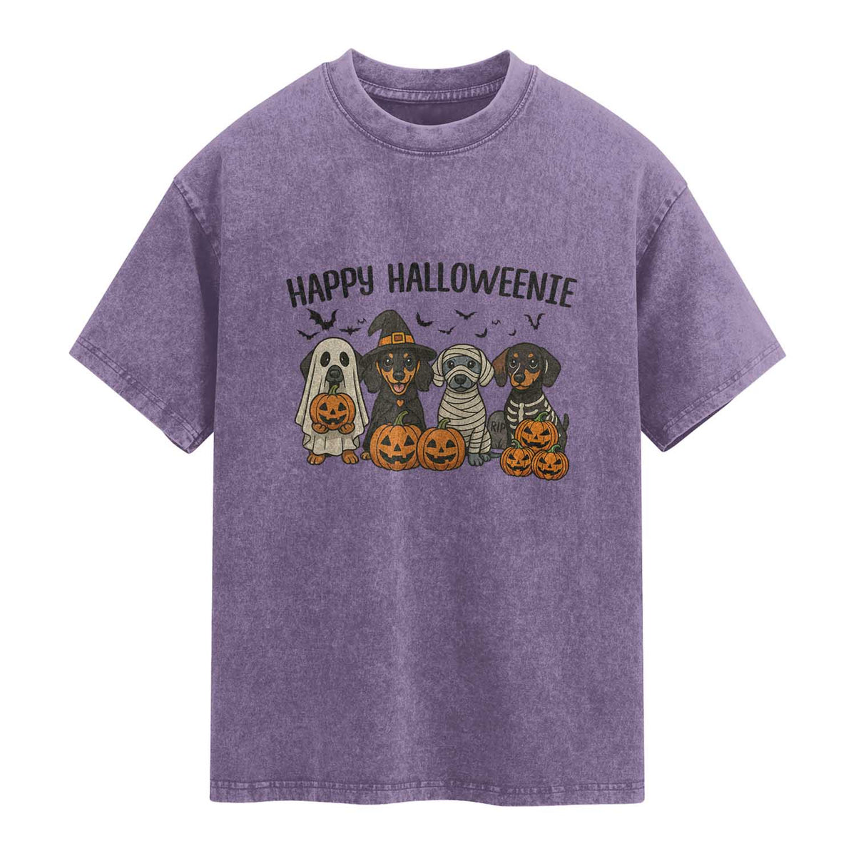 Funny Halloween Dachshund Washed Cotton T-Shirt Happy Halloweenie