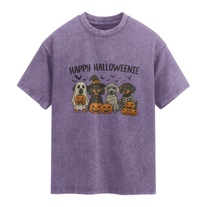 Funny Halloween Dachshund Washed Cotton T-Shirt Happy Halloweenie