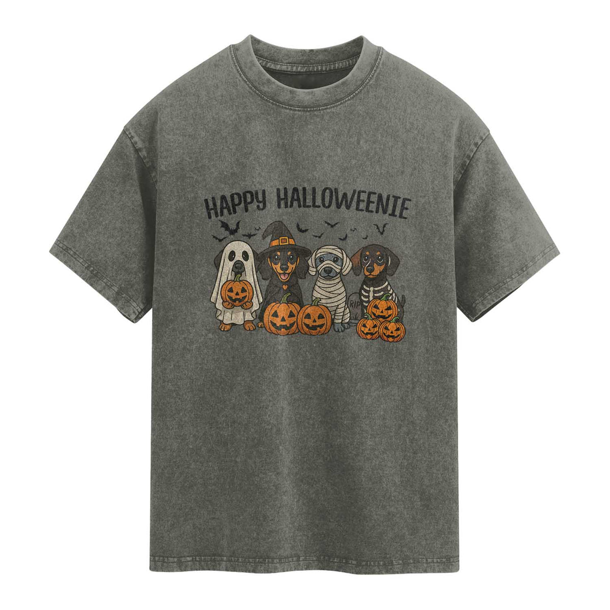 Funny Halloween Dachshund Washed Cotton T-Shirt Happy Halloweenie