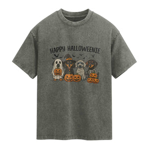 Funny Halloween Dachshund Washed Cotton T-Shirt Happy Halloweenie