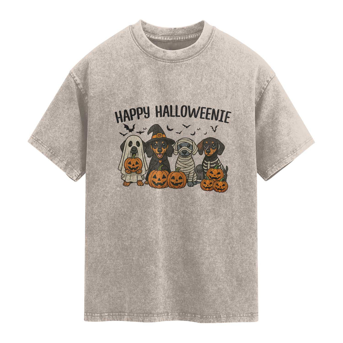 Funny Halloween Dachshund Washed Cotton T-Shirt Happy Halloweenie