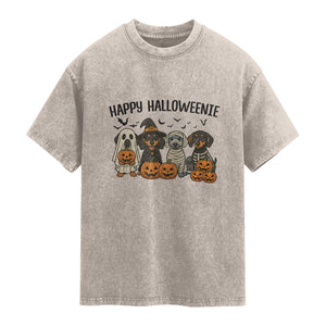 Funny Halloween Dachshund Washed Cotton T-Shirt Happy Halloweenie