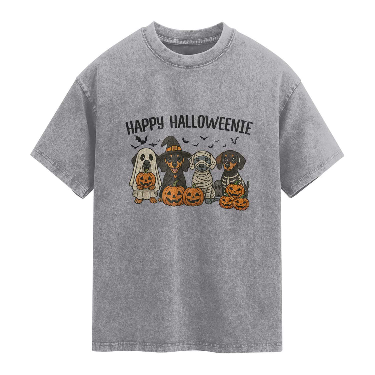 Funny Halloween Dachshund Washed Cotton T-Shirt Happy Halloweenie