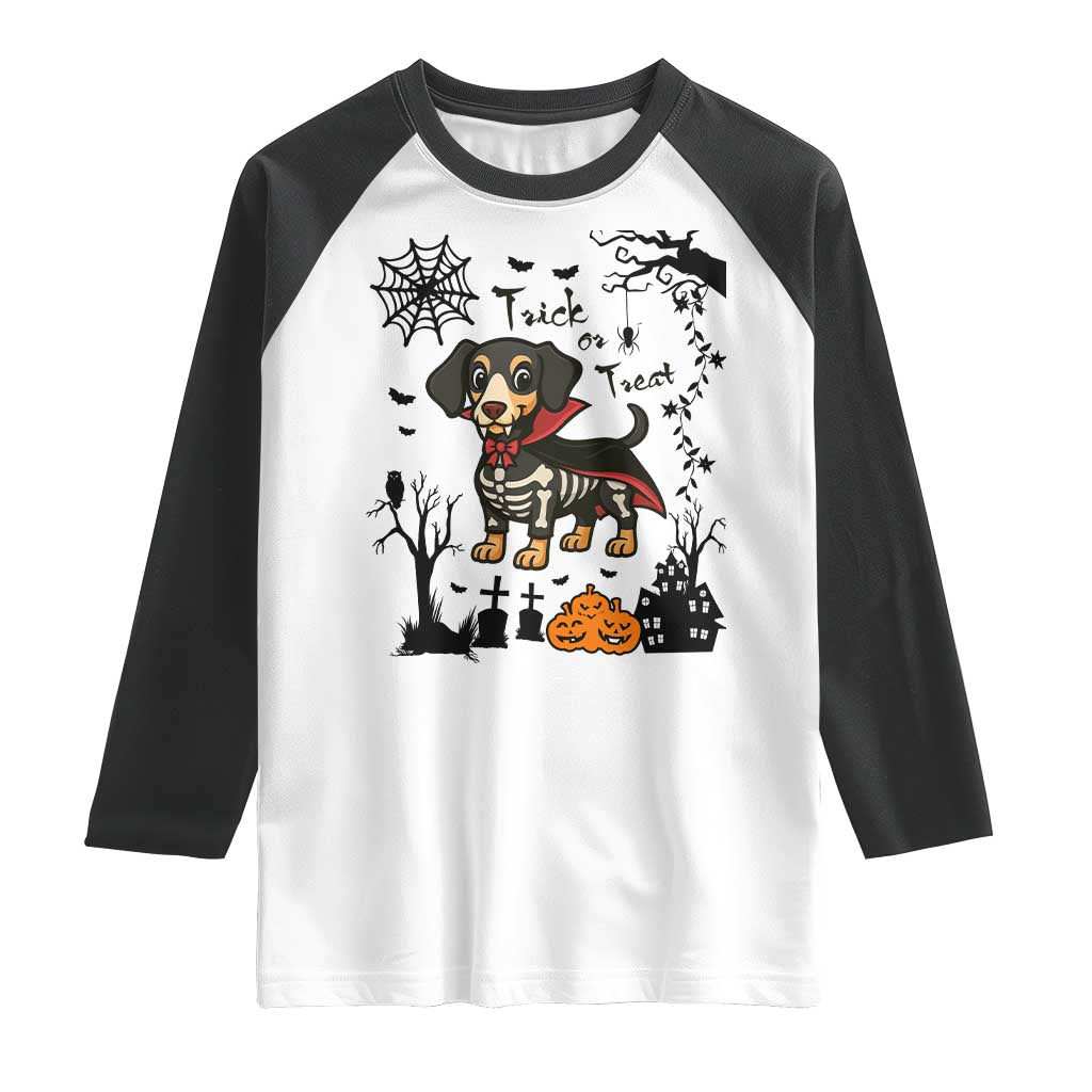 Funny Halloween Gift Raglan Shirt Trick Or Treat With My Dachshund Dracula TS12 White Black Print Your Wear