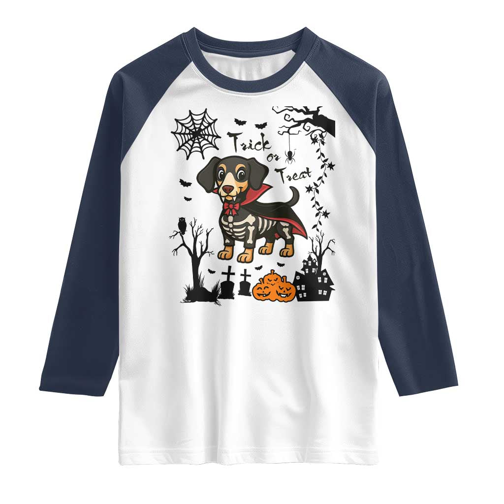 Funny Halloween Gift Raglan Shirt Trick Or Treat With My Dachshund Dracula TS12 White Navy Print Your Wear
