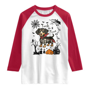 Funny Halloween Gift Raglan Shirt Trick Or Treat With My Dachshund Dracula TS12 White Red Print Your Wear