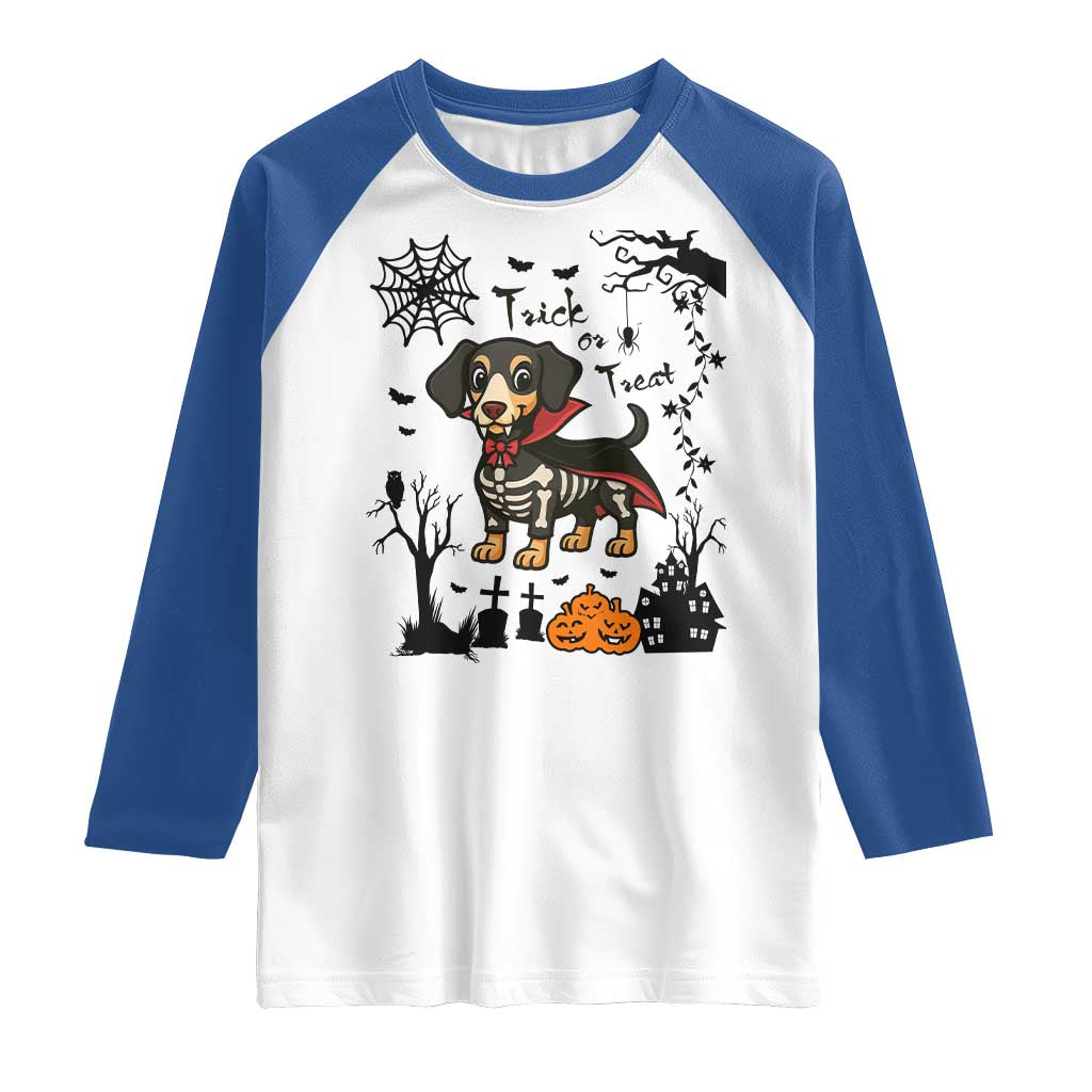 Funny Halloween Gift Raglan Shirt Trick Or Treat With My Dachshund Dracula TS12 White Royal Print Your Wear