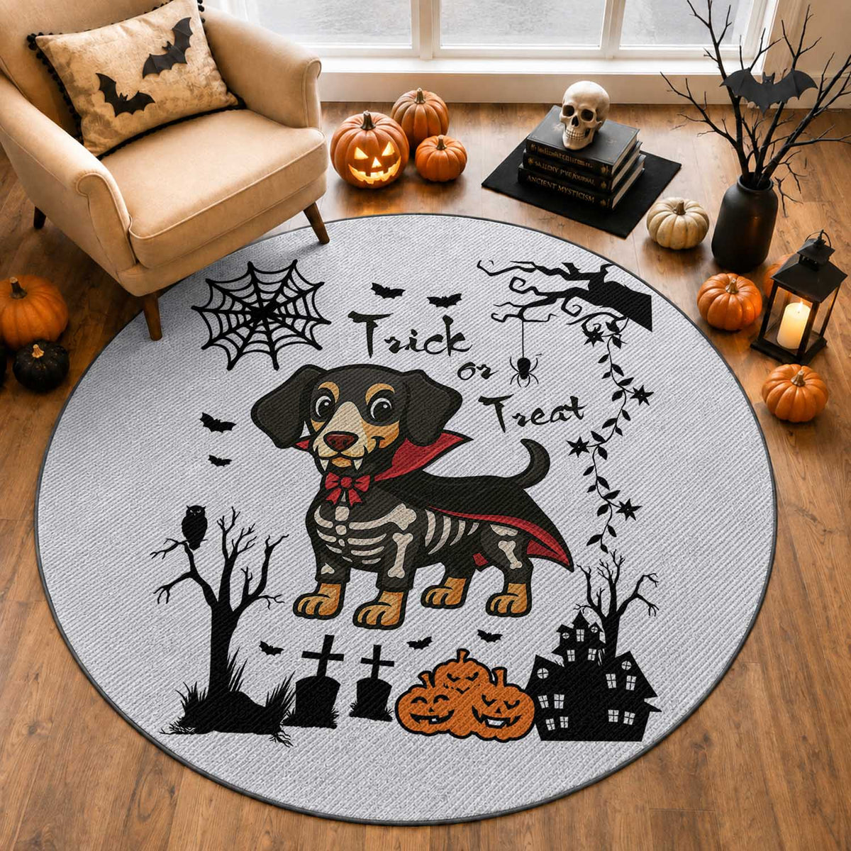 Funny Halloween Gift Round Rug Trick Or Treat With My Dachshund Dracula