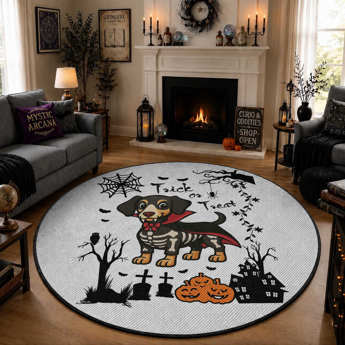 Funny Halloween Gift Round Rug Trick Or Treat With My Dachshund Dracula