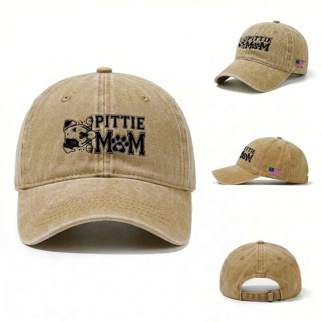 Pittie Mom Washed Cotton Baseball Cap Funny Gift For Pitbull Lover TS12 Washed Cap Universal Fit Khaki Print Your Wear