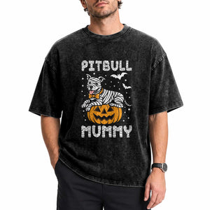 Halloween Dog Lover Washed Cotton T-Shirt Funny Pitbull Mummy