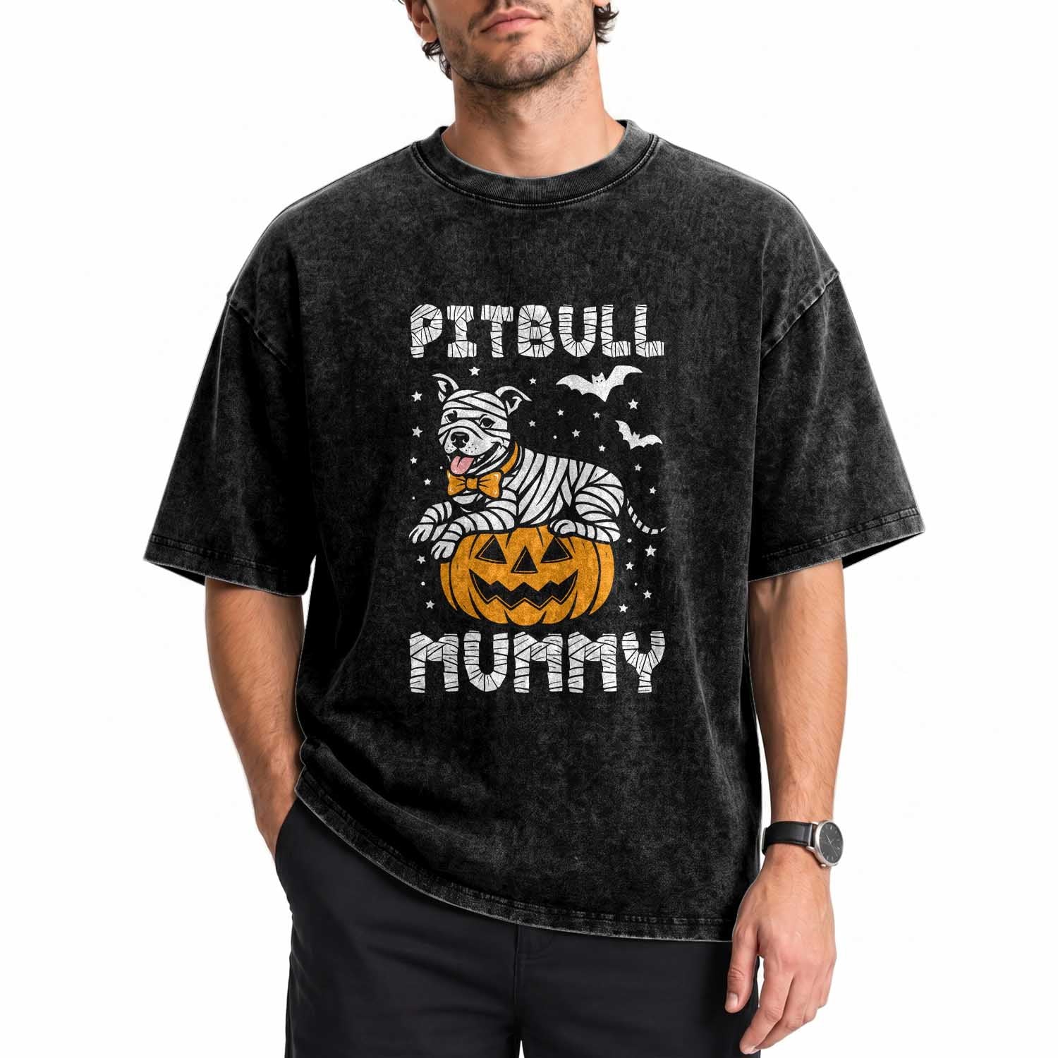 Halloween Dog Lover Washed Cotton T-Shirt Funny Pitbull Mummy