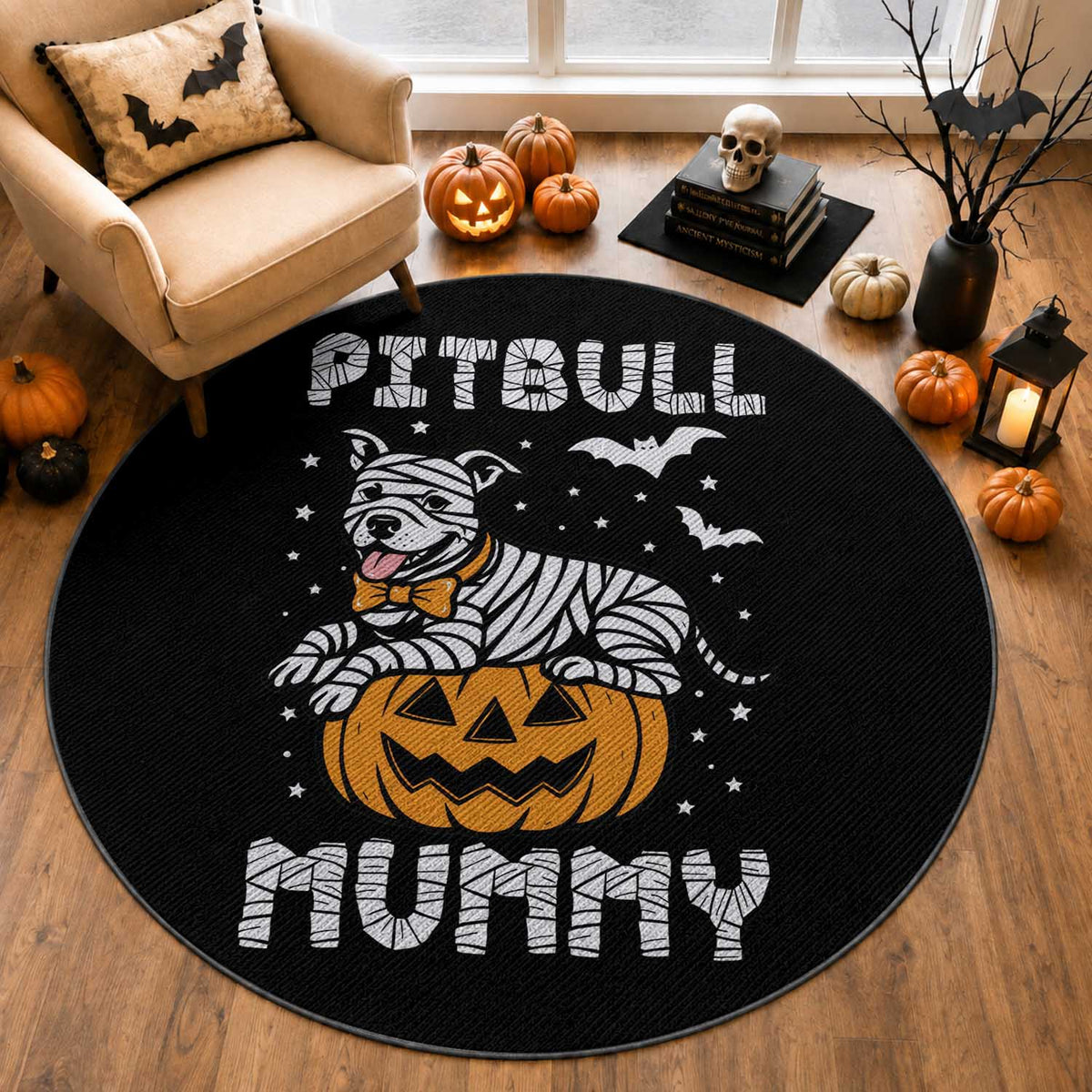 Halloween Dog Lover Round Rug Funny Pitbull Mummy