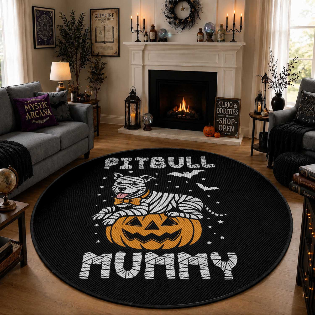 Halloween Dog Lover Round Rug Funny Pitbull Mummy