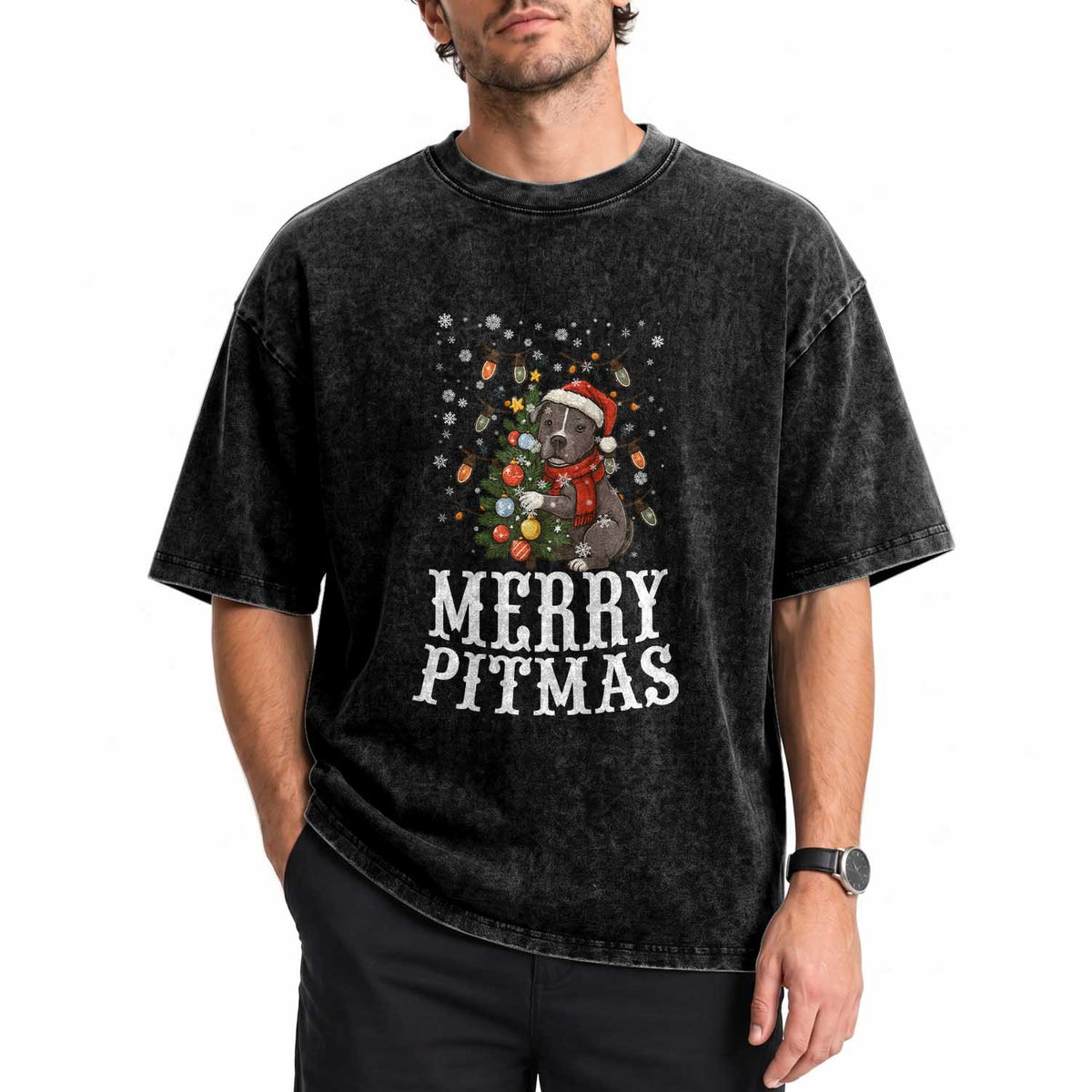 Christmas Pitbull Washed Cotton T-Shirt Funny Merry Pitmas Tree Hug