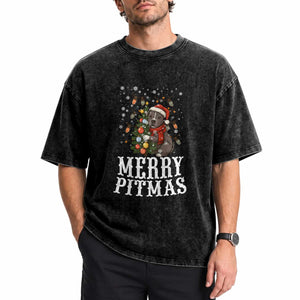 Christmas Pitbull Washed Cotton T-Shirt Funny Merry Pitmas Tree Hug