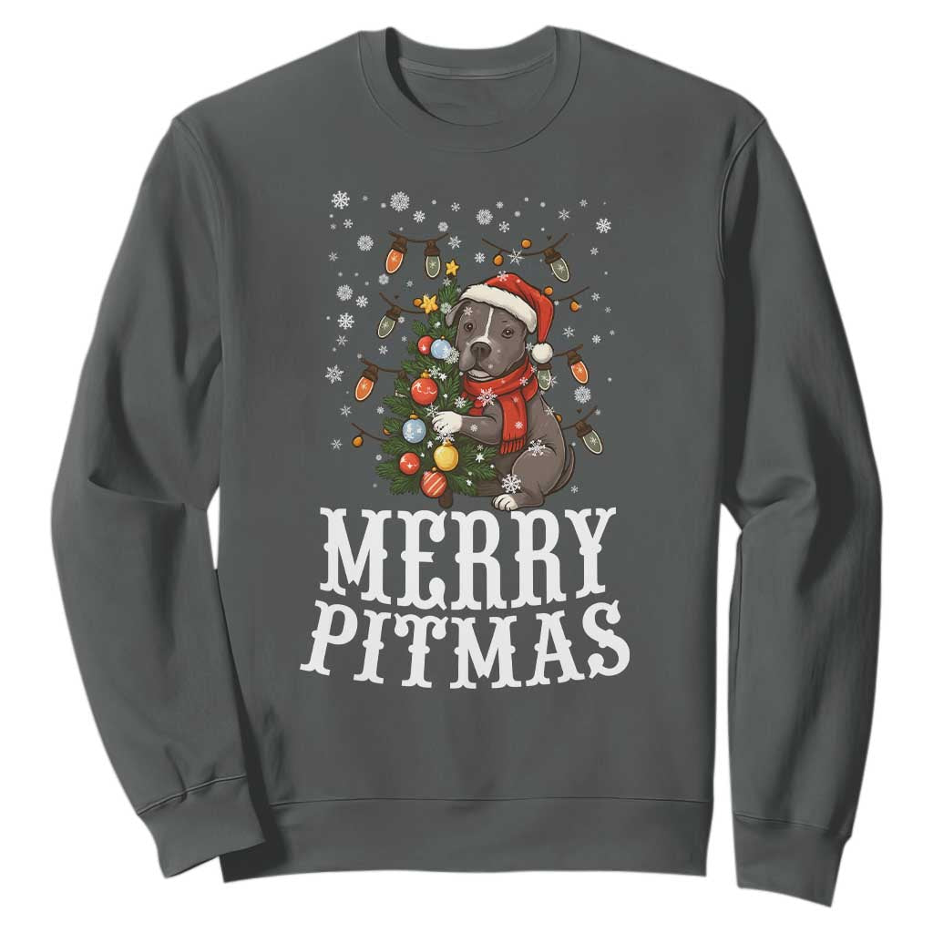 Christmas Pitbull Sweatshirt Funny Merry Pitmas Tree Hug TS12 Dark Heather Print Your Wear