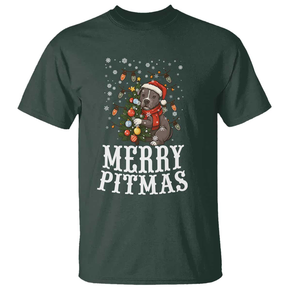 Christmas Pitbull T Shirt Funny Merry Pitmas Tree Hug TS12 Dark Forest Green Print Your Wear