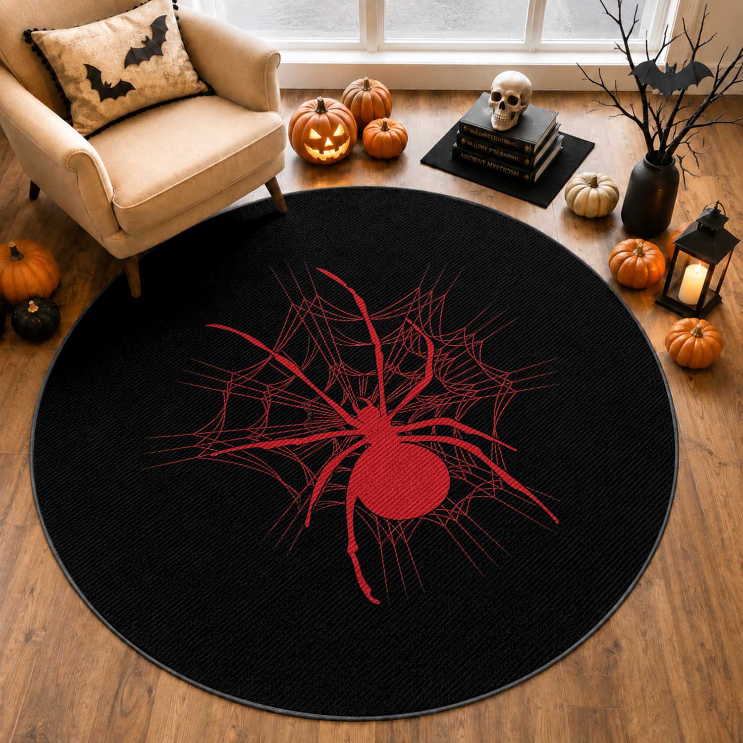 Red Black Widow Spider Round Rug Gothic Spider Web Vintage Horror Gift