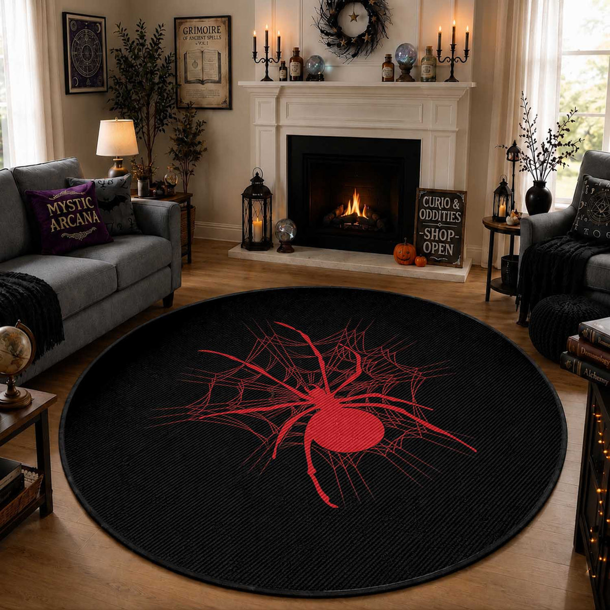 Red Black Widow Spider Round Rug Gothic Spider Web Vintage Horror Gift