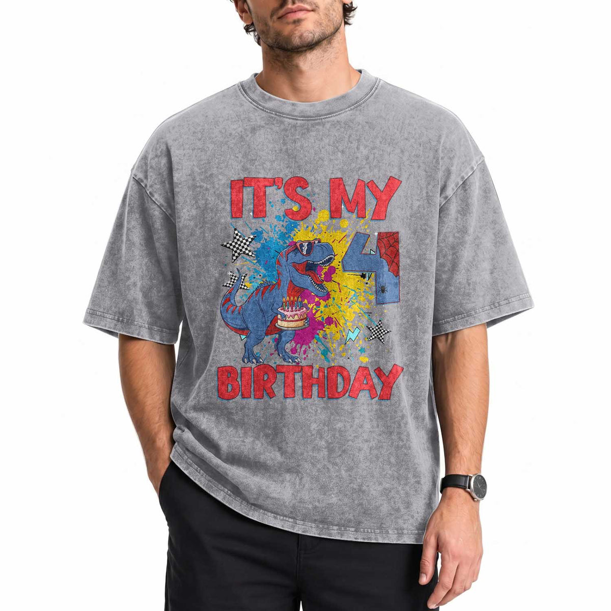 Dino Spider Its My 4th Birthday Washed Cotton T-Shirt Dinosaur Gift For Boys