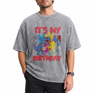Dino Spider Its My 4th Birthday Washed Cotton T-Shirt Dinosaur Gift For Boys